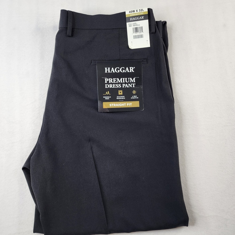 Haggar Mens Premium Dress Pant 40x32 Black Straight Fit Flex Waistband NWT